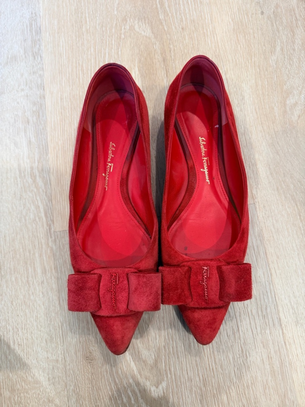 Salvatore Ferragamo Red Suede Pointed Toe Flats with Bow